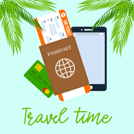 Travel Time Square Vector Poster with Calligraphy. Air Ticket, Passport, Smartphone Flat Drawing. Travel Agency Banner. Summer Vacation on Tropical Resort. Traveling Abroad. Palm Leafのイラスト素材