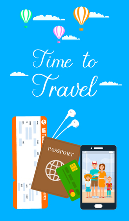 Time to Travel Lettering Vector Vertical Flyer. Air Ticket, Passport, Visa Flat Illustration. Abroad Traveling. Debit Card, Boarding Pass Drawing. Family Photo on Smartphone Screen. Cartoon Charactersのイラスト素材