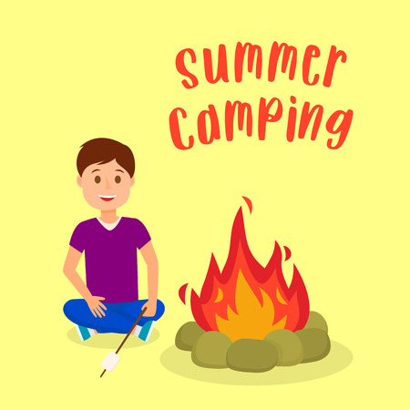 Boy Roasting Marshmallow on Bonfire Illustration. Summer Camping Poster, Postcard with Lettering, Text. Kids Camp Flat Drawing. Male Cartoon Character. Schoolkid, Scout Vector Square Bannerのイラスト素材