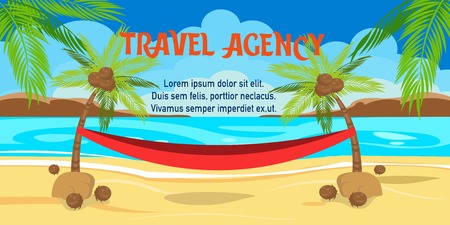 Travel agency flat horizontal banner with text. Tropical island paradise resort. Palm, sea, beach, hammock. Cartoon shore, coast relax. Summer vacation poster vector illustration with letteringのイラスト素材