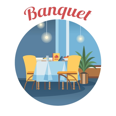 Banquet room, hall flat vector illustration. Restaurant, event center interior design round clipart. Cartoon served table with calligraphy. Holiday catering service poster, banner, website conceptのイラスト素材