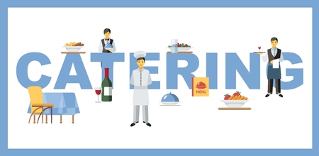 Catering service word concept banner. Waiters, chef cook. Tiny kitchen staff characters with blue lettering. Dishes, table, alcohol menu design elements. Restaurant, cafe, cafeteria horizontal posterのイラスト素材