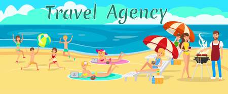 Family vacation with kids cartoon vector banner template. Get together. Beach picnic, barbecue. Man grilling sausages, women sunbathing, children play. Travel agency color illustration with textのイラスト素材