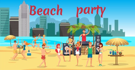 Beach party banner flat template. Sea resort. Young people in swimsuits dancing, have fun on ocean beach. Teenage holidaymakers, tourists cartoon characters. Summer time illustration with letteringのイラスト素材