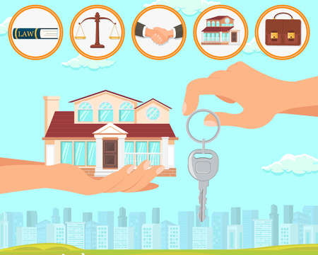 Vector Flat Law Firm Company Helps Create Documents and Get Home. Court Conclusion Contract Cozy and Comfortable Home Portfolio Abundant Area Family Home. Services Experienced Lawyer.のイラスト素材