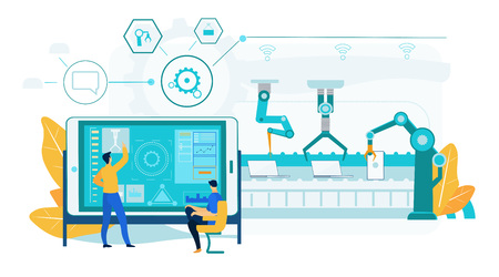 Innovation Laptop Assembly Process. Robotic Conveyor Line with Engineering People Control Process. Man Operator Character near Industrial Tablet Screen Panel. Efficient Manufacturing Technology.のイラスト素材