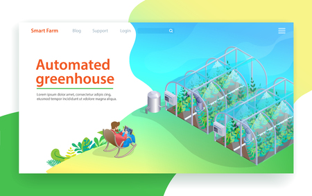 Automated Greenhouse. Future Farming Technology. Robotic Glasshouse Farming. Tablet Monitoring By Farmer Person. Modern Vegitables Growing Irrigation Automation. Organic Plant Control.のイラスト素材