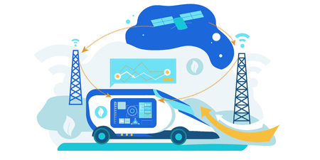 Self Driving Car. Artificial Intelligence Vehicle. Driverless Autonomus Robot Technology with Gps System. Futuristic Autopilot Navigation Control. Automotive Transport with Radar Sensor.のイラスト素材