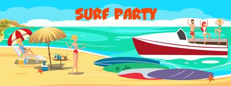 Surf VIP party banner flat vector template. Luxury sea resort. Young people in swimsuits with surfboards on ocean beach, yacht. Surfers have fun characters. Summer time illustration with letteringのイラスト素材