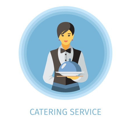 Waitress flat vector character. Catering service illustration. Woman holding serving tray with lid. Butler, servant, waiter clipart. Luxury cafe, restaurant, bar isolated cartoon design elementのイラスト素材