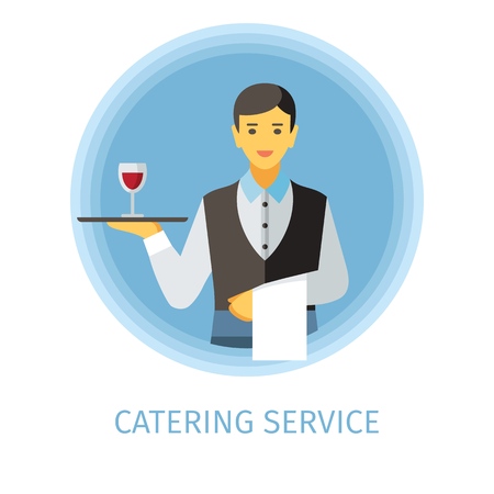 Waiter flat vector character. Catering service cartoon illustration. Man holding serving tray with glass of wine, napkin. Butler, servant clipart. Cafe, restaurant, bar isolated design elementのイラスト素材