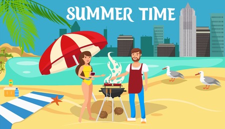 Summer time activities banner cartoon vector design concept. Romantic couple rest. Outdoor recreation. Man grilling sausages. Lovers flat characters. Beach picnic, barbecue. Weekend color illustrationのイラスト素材