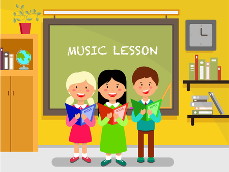 School subject flat design illustration. Schoolchildren sing song near blackboard. Schoolkids, pupils, classmates cartoon characters. Music lesson. Classroom interior. School education vector conceptのイラスト素材