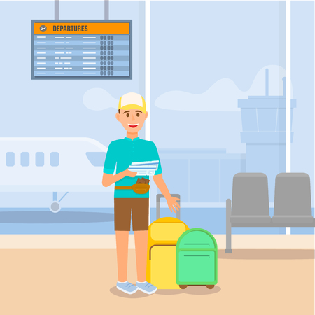 Smiling Young Man Wearing Cap, Green Shirt and Pants Holding Tickets in Hands Standing at Suitcases Bags Luggage on Airport and Plane Background. Summertime Vacation. Cartoon Flat Vector Illustration.のイラスト素材