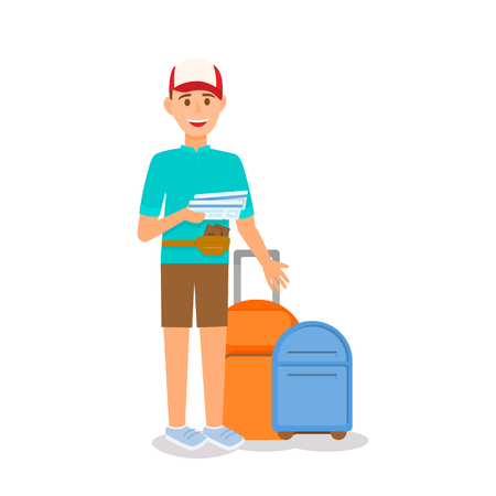 Smiling Young Man Wearing Cap, Green Shirt and Pants Holding Tickets in Hands Standing at Suitcases Luggage Isolated on White Background. Summertime Vacation Cartoon Flat Vector Illustration, Clip Artのイラスト素材