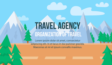 Travel Agency. Organization of Travel Horizontal Banner with Copy Space. Colorful Nature Landscape with Mountains, Pine Trees under Blue Cloudy Sky. Beautiful Highland Area Flat Vector Illustrationのイラスト素材