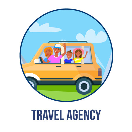 Travel Agency. Happy Young Parents with Daugter and Son Traveling by Car at Beautiful Nature Landscape with Green Grass and Cloudy Sky. Cartoon Flat Vector Illustration. Round Icon on White Backgroundのイラスト素材
