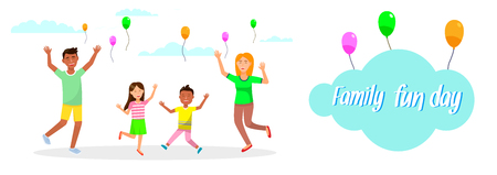 Family Fun Day Horizontal Banner. Man, Woman, Little Boy and Girl with Hands Up on White Background with Clouds and Colorful Balloons. Parents with Son and Daughter. Cartoon Flat Vector Illustration.のイラスト素材