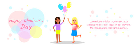 Happy Childrens Day Horizontal Banner with Copy Space. Happy Cheerful Blonde and Brunette Little Girls Holding Balloons on White Background with Colorful Circles. Cartoon Flat Vector Illustration.のイラスト素材