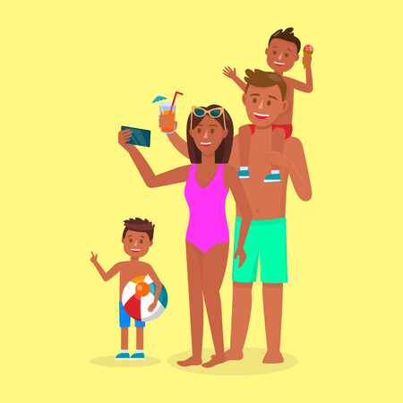Happy Family on Summertime Vacation. Mom, Dad and Two Sons Going to Sea Beach Parents and Children Characters Making Selfie, Drink Juice Isolated on Yellow Background. Cartoon Flat Vector Illustrationのイラスト素材