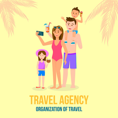 Travel Agency. Organization of Travel Square Banner. Happy Family on Summertime Vacation. Parents and Children Making Selfie on Yellow Background with Palm Leaves. Cartoon Flat Vector Illustration.のイラスト素材
