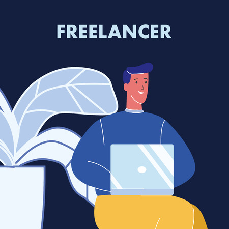 Freelancer Working on Laptop Color Illustration. Remote Work. Man Using Computer at Home. Job, Occupation. Smiling Relaxed Male Vector Character. House Plant in Pot. Distance Learning, Educationのイラスト素材