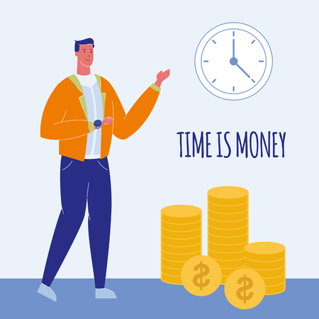 Time is Money Flat Vector Illustration with Text. Time Management Seminar. Business Coach Pointing on Clock. Marketer, Financier. Financial Management. Confident Male Character. Investor, Bankerのイラスト素材