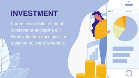 Investment Flat Vector Web Banner with Text Space. Business Analysis. Analytics, Statistics. Diagram on Smartphone Screen. Broker, Trader. App Development. Financier, Marketer Pointing on Chartのイラスト素材