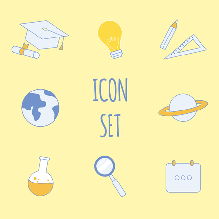 Education, Studying, Occupation Vector Icons Set. Light Bulb, Magnifier Cartoon Illustration. School Subjects, Lessons. Calendar, Ruler. University Graduation Cap. Planet, Science Flaskのイラスト素材