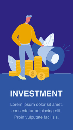 Investment Vector Flyer Template with Copyspace. Income, Profit. Funding, Financial Consulting. Banking Blue Brochure. Financial Advisor. Marketing Campaign. Megaphone, Loudspeakerのイラスト素材