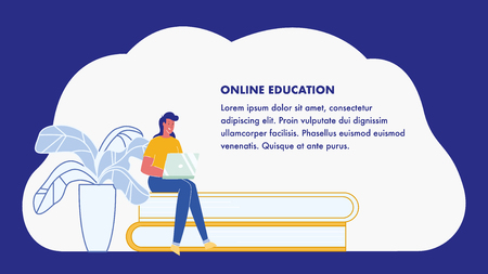 Online Education, E-Learning Web Banner Layout. Internet Courses. Distance Learning, University Vector Poster. Female Character Using Laptop. Woman Studying at Home. Student Sitting on Books Pileのイラスト素材
