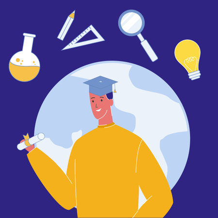 Student in Graduation Cap Vector Illustration. Higher Education in University, College. Bachelor's, Master's Degree. Diploma, Certificate. Student Exchange Program. E-Learning. Globe, Planet Earthのイラスト素材