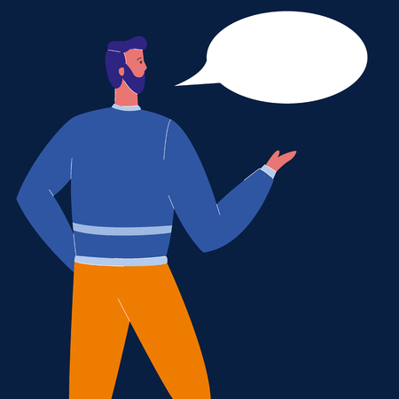 Man with Speech Bubble Flat Vector Illustration. Speaker at Conference. Empty Text Cloud. Confident Male Character Giving Monologue. Guy Talking, Communicating. Seminar, Presentation, Performanceのイラスト素材