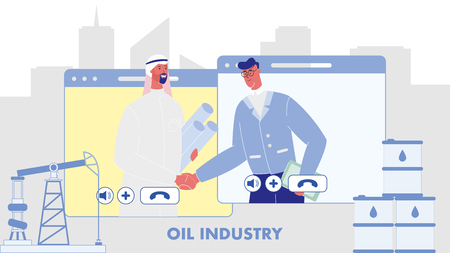 Oil Industry Flat Vector Web Banner with Text. Businessmen Making Deal. International Agreement. Cooperation, Collaboration. Business Partners. Online Conference. Petroleum Refinery Factoryのイラスト素材