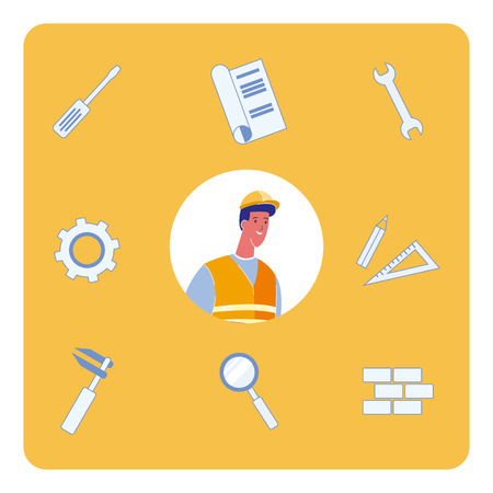 Construction Symbols Flat Vector Illustrations Set. Tools, Instruments. Worker in Helmet. Ruler, Magnifier. Bricks Wall. Project, Draft. Screwdriver, Spanner. Gear Wheel Isolated Design Elementのイラスト素材