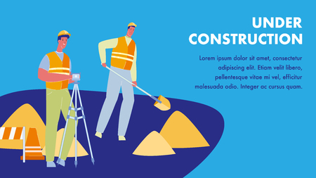 Under Construction Flat Web Banner with Text Space. Worker with Shovel and Auto Level. Handyman in Uniform Digging Ground. Heaps of Sand. Flat Male Character in Orange Helmet. Cone, Stop Barrierのイラスト素材