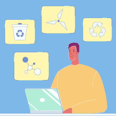 Ecologist, Student Cartoon Vector Illustration. Ecology Symbols. Man with Laptop. Recycle. Electric Power Windmill. Garbage Sorting. Clear Air. Molecule, Atoms. Environment Protectionのイラスト素材