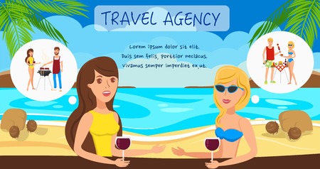 Travel agency flat vector illustration. Two girls discuss boyfriends, romantic relationships. Picnic, barbecue with men. Girlfriends at sea resort cartoon characters. Summer vacation banner templateのイラスト素材