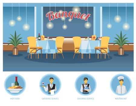 Banquet room, hall flat illustration. Restaurant, event center interior design. Waiters, barmen, chef cook and menu cliparts. Served tables. Catering service poster, web banner, website page conceptのイラスト素材