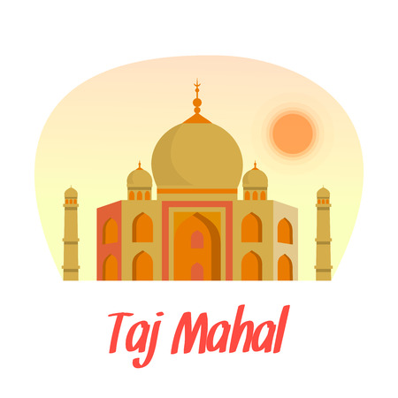 Taj Mahal Flat Illustration with Lettering, Text. Indian Architecture Landmark Vector Drawing. Travel Agency Banner. Agra Traditional Tourist Attraction. Oriental Cityscape. Sunset, Sunriseのイラスト素材