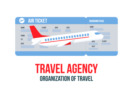 Travel Agency, Tour Operator Banner, Flyer Layout. Boarding Pass, Air Ticket Vector Illustration. Holiday, Vacation Organization. Trip, Journey. Airplane Cartoon Design Element. International Airlinesのイラスト素材