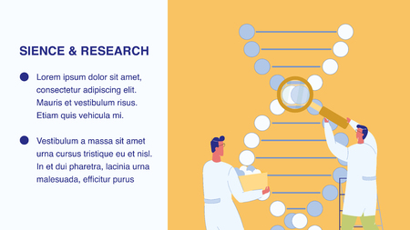 Science and Research Vector Web Banner Template. Genetic Engineering Flat Poster with Text Space. DNA. Scientists Characters. Man with Magnifier Looking at Molecule. Helix, Spiral. Molecular Biologyのイラスト素材