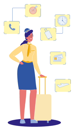 Flight Attendant with Suitcase Vector Illustration. Stewardess with Luggage. Female Aircrew Member Cartoon Character. Airlines. Job, Occupation. Boarding Pass, Air Ticket, Tour. Airplane, Modelのイラスト素材