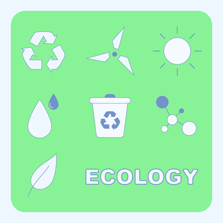 Ecology Symbols Flat Vector Illustrations Set. Sun Shining. Recycle Sign. Electric Power Windmill. Garbage Sorting. Renewable Resources. Plant Leaf Clipart. Clear Drop of Water. Environment Protectionのイラスト素材