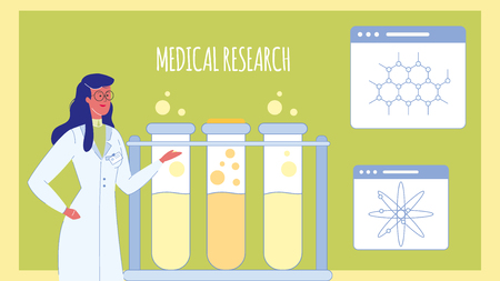 Medical Research Flat Vector Web Banner Template. Tubes with Liquid, Chemicals. Laboratory Glassware. Scientist, Biochemist Female Character. Lab Testing. Cure, Treatment. Molecules, Atoms Modelsのイラスト素材