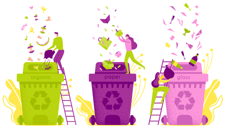 Flat Illustration Waste Sorting and Disposal. Distribution Waste in Garbage Containers. Man Pours Organic Garbage into Tank. Women Sort Separately Paper and Glass. Recycling and Disposal.のイラスト素材