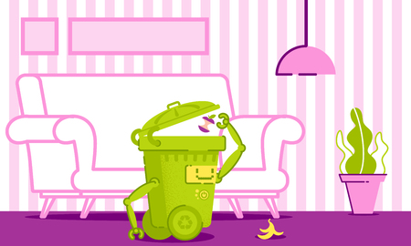 Robot Cleans Up Trash in House Vector Illustration. Tool for Home Garbage Collection. In Apartment Robot Picks Up Waste from Floor. Interior Room in Apartment. Electronic Housekeeping.のイラスト素材