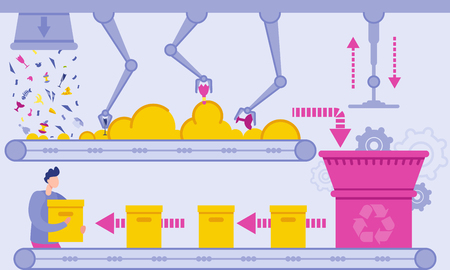 Flat Waste Recycling Plant Vector Illustration. Conveyor Belt Automatically Discharges Waste and Produces Paper Boxes. Man Assembling Box Convectors. Secondary Production Saves Money and Resources.のイラスト素材