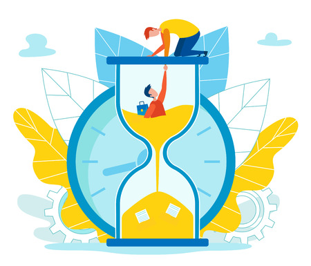 Assistance in Fulfilling Assigned Tasks Cartoon. Closeup Hourglass Filled Top, Inside Person Asks for Help. Man Helps to get Out Trap. Hard Limited Time Interval. Vector Illustration.のイラスト素材