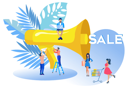 Vector Illustration Inscription Sale Cartoon. Business Plan Step by Step Guide Entrepreneur. Ability to Find way Out Unpleasant Situations, Solve Daily Problems. Man Speaks into Loudspeaker.のイラスト素材